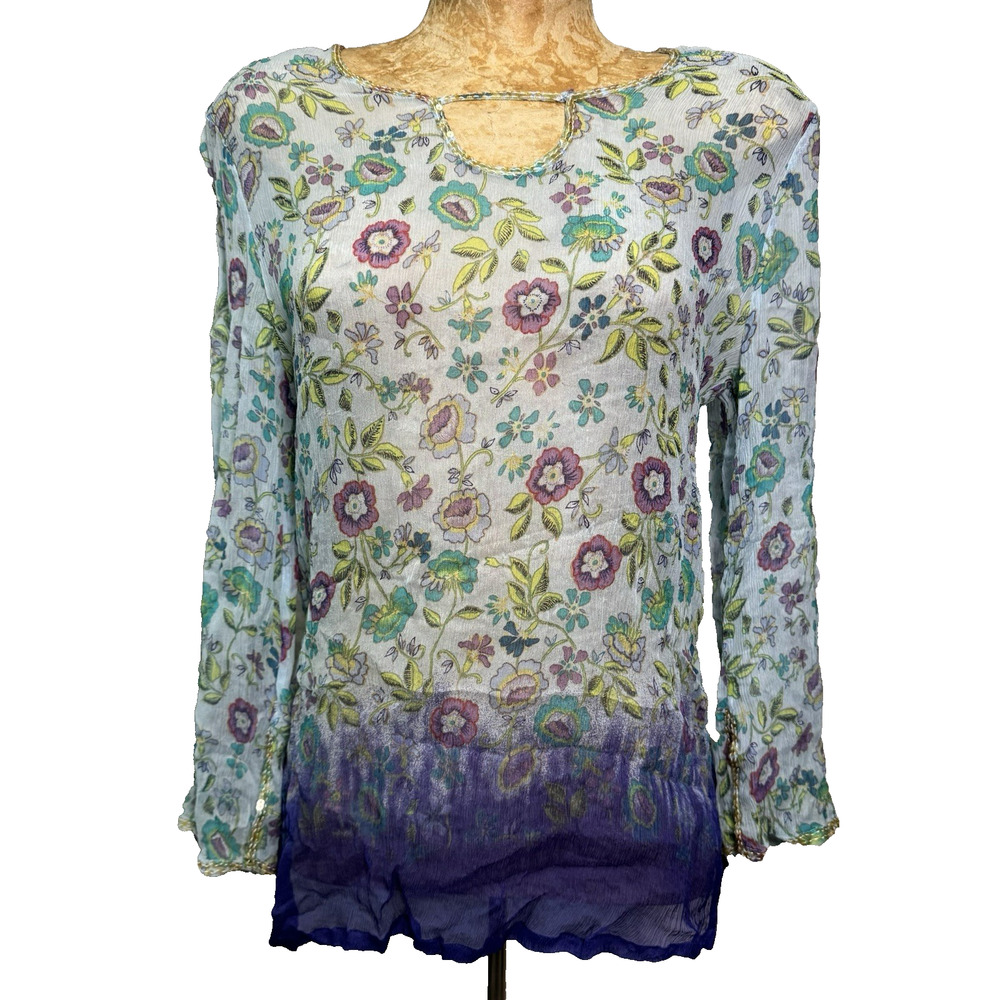 Marsh Landing Top Womens Medium Blue Floral 100% Silk Sequin Semi Sheer 3/4 Slv